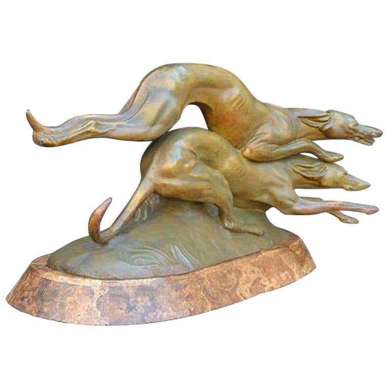 1930s Stunning Metal Sculpture on Onyx Base Group of Greyhound